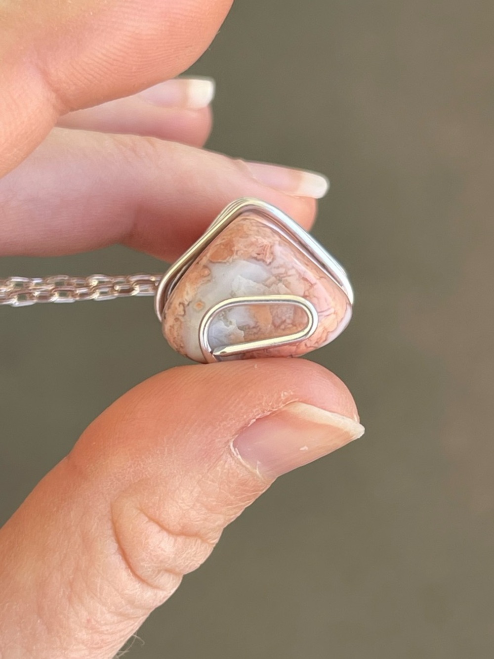 Cotton Candy Agate Wire Wrap Necklace on Silver Tone Chain - Picture 6 of 6